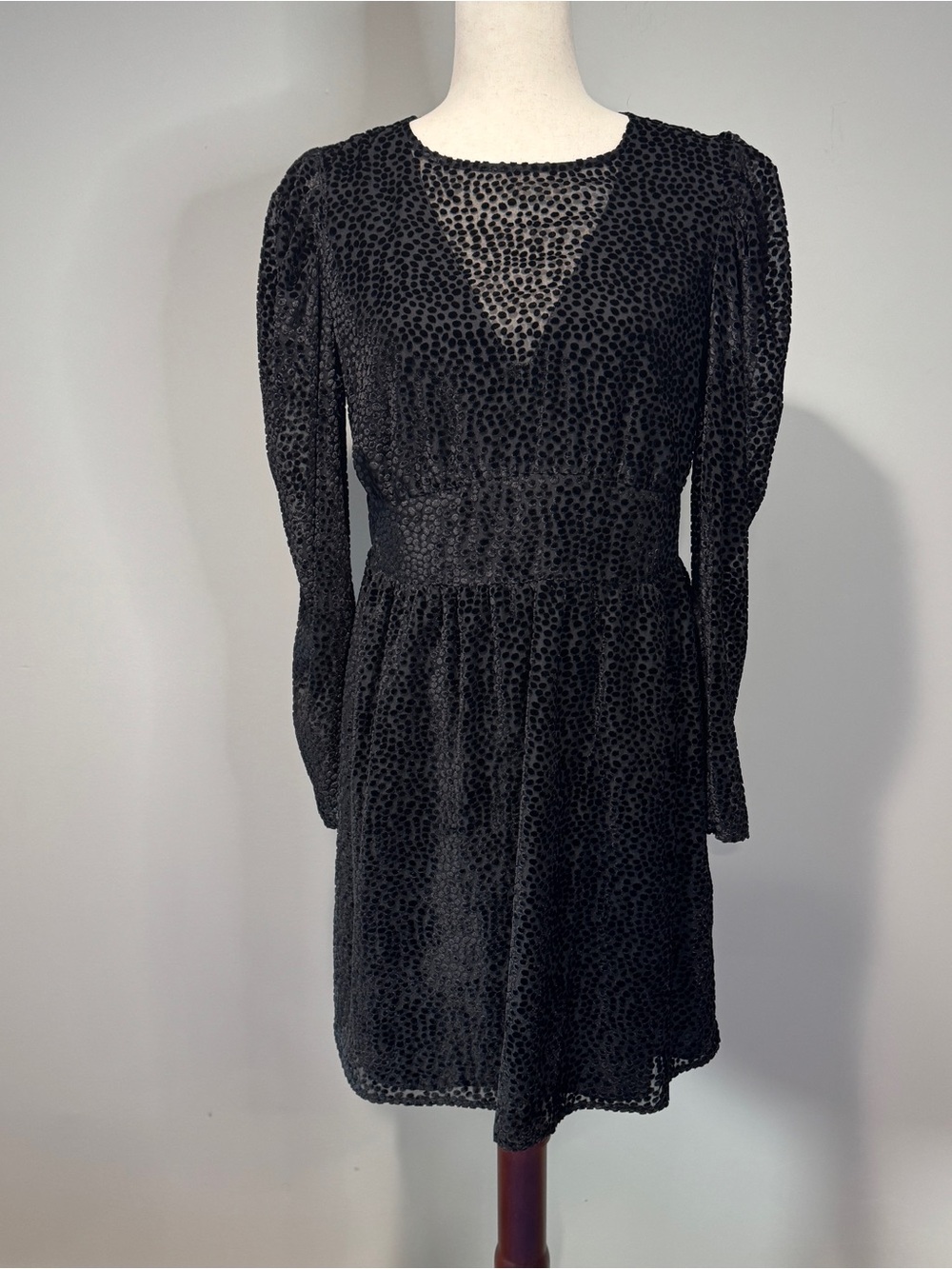 Express Black Velvet Flocked Polka Dot Puff Sleeve Mini Dress Whimsigoth M